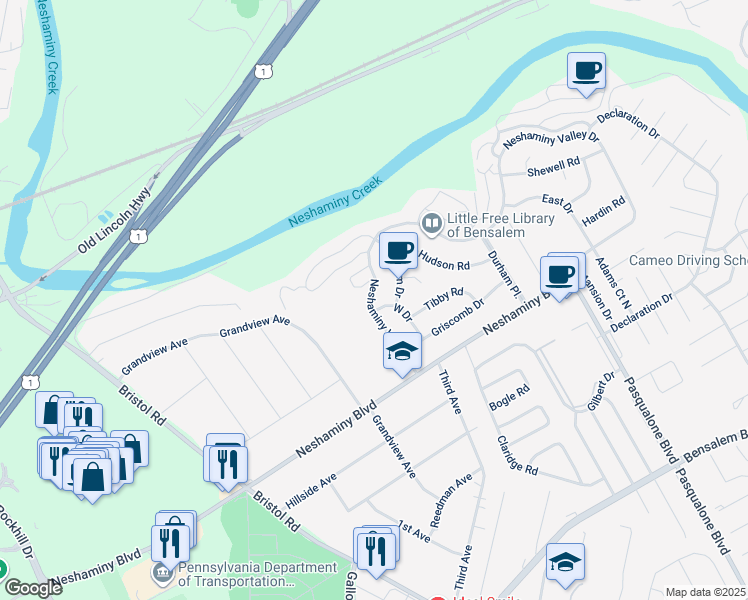 map of restaurants, bars, coffee shops, grocery stores, and more near 3616 Neshaminy Valley Drive in Bensalem