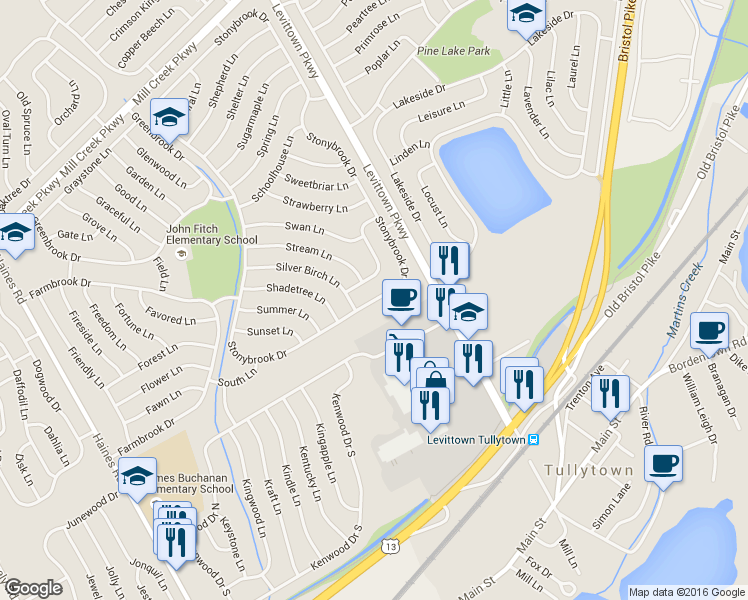 map of restaurants, bars, coffee shops, grocery stores, and more near 479 Stonybrook Dr in Levittown