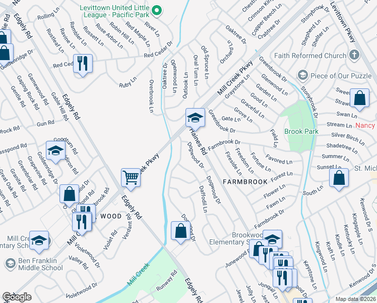 map of restaurants, bars, coffee shops, grocery stores, and more near 310 Dogwood Drive in Levittown