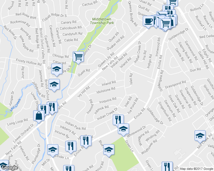 map of restaurants, bars, coffee shops, grocery stores, and more near 28 Inland Road in Levittown