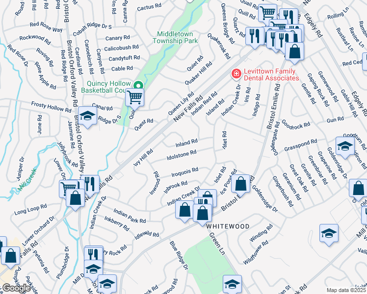 map of restaurants, bars, coffee shops, grocery stores, and more near 28 Inland Road in Levittown