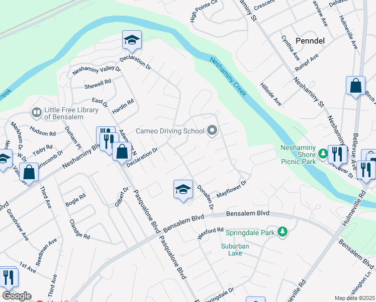 map of restaurants, bars, coffee shops, grocery stores, and more near 6344 Militia Court in Bensalem