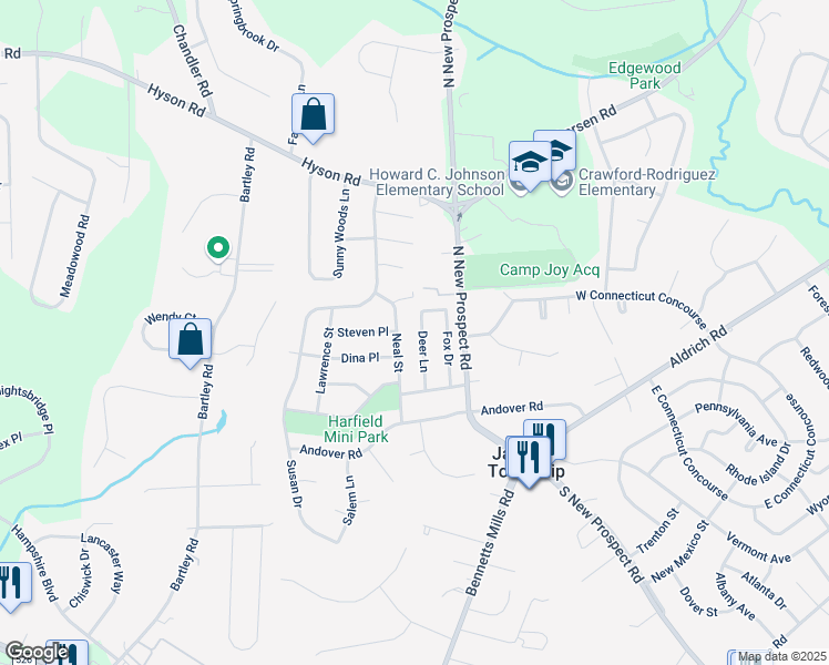map of restaurants, bars, coffee shops, grocery stores, and more near 12 Deer Lane in Jackson Township