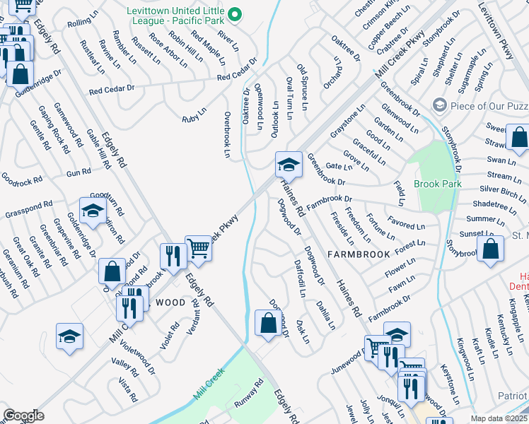 map of restaurants, bars, coffee shops, grocery stores, and more near 14 Dogwood Drive in Levittown