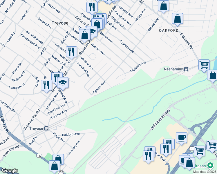 map of restaurants, bars, coffee shops, grocery stores, and more near 4612 Weldon Avenue in Feasterville-Trevose