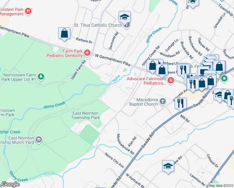 map of restaurants, bars, coffee shops, grocery stores, and more near 2803 Stanbridge Street in East Norriton