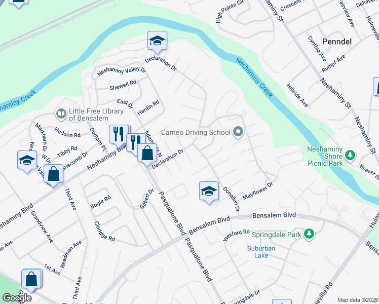 map of restaurants, bars, coffee shops, grocery stores, and more near 3355 Carroll Court in Bensalem