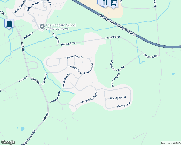 map of restaurants, bars, coffee shops, grocery stores, and more near 44 Pennwood Drive in Morgantown