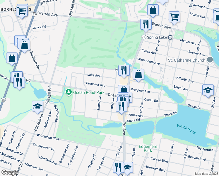map of restaurants, bars, coffee shops, grocery stores, and more near 808 Ocean Road in Spring Lake