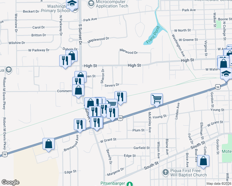 map of restaurants, bars, coffee shops, grocery stores, and more near 90 Maryville Lane in Piqua
