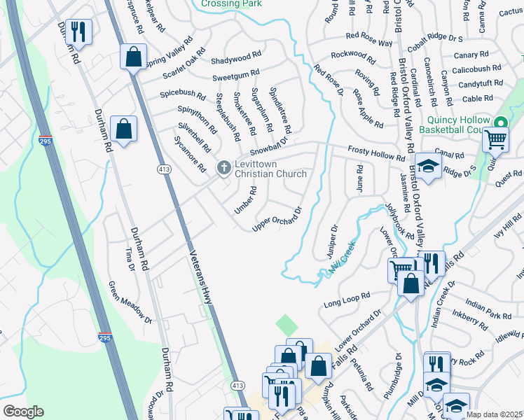 map of restaurants, bars, coffee shops, grocery stores, and more near 16 Underwood Rd in Levittown