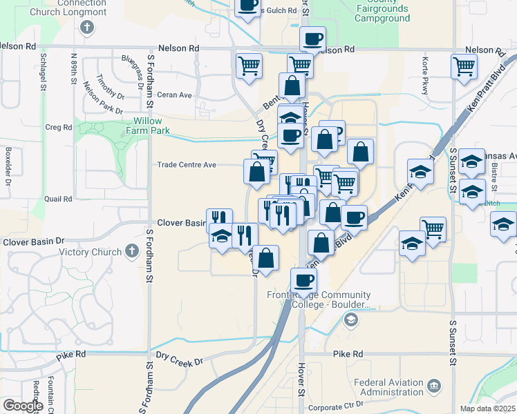 map of restaurants, bars, coffee shops, grocery stores, and more near 2361 Clover Basin Drive in Longmont