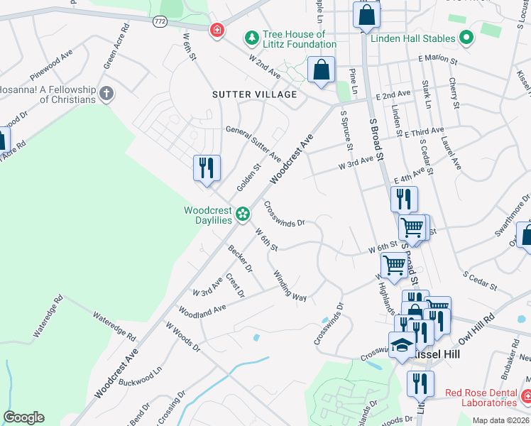 map of restaurants, bars, coffee shops, grocery stores, and more near 580 Crosswinds Drive in Lititz