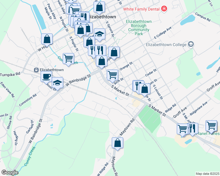 map of restaurants, bars, coffee shops, grocery stores, and more near 626 South Market Street in Elizabethtown