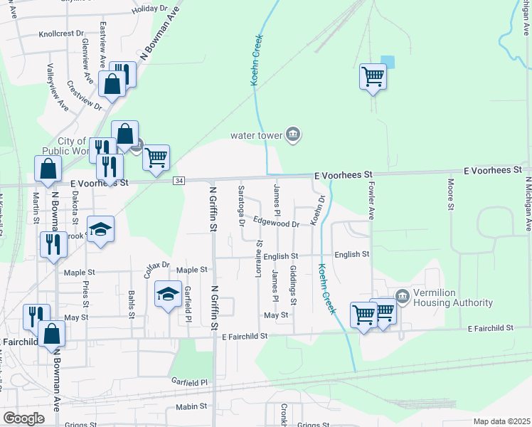 map of restaurants, bars, coffee shops, grocery stores, and more near 1200-1298 James Place in Danville