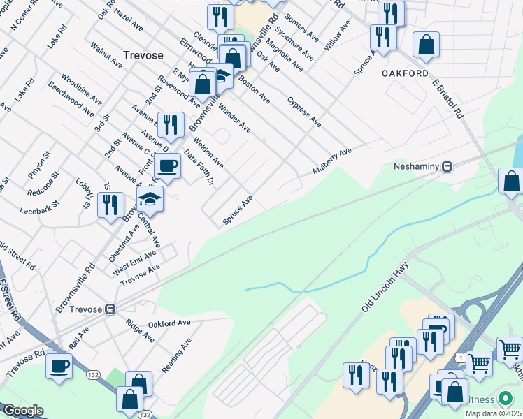 map of restaurants, bars, coffee shops, grocery stores, and more near 4612 Weldon Avenue in Feasterville-Trevose