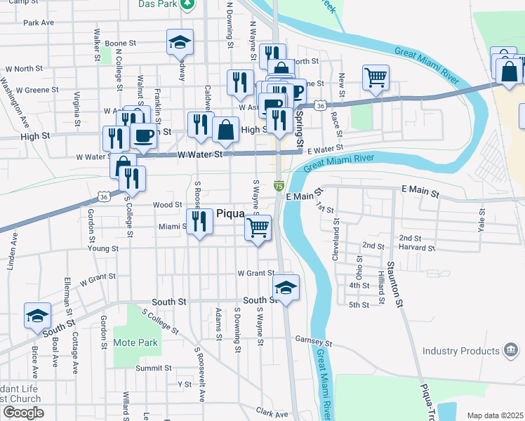 map of restaurants, bars, coffee shops, grocery stores, and more near 228 South Main Street in Piqua