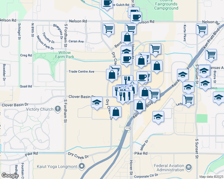 map of restaurants, bars, coffee shops, grocery stores, and more near 1211 South Hover Road in Longmont