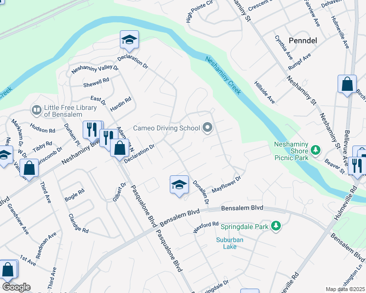 map of restaurants, bars, coffee shops, grocery stores, and more near 6320 Militia Court in Bensalem