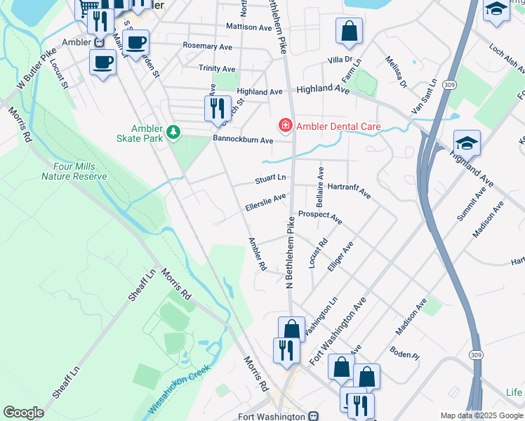 map of restaurants, bars, coffee shops, grocery stores, and more near 413 Ellerslie Avenue in Ambler