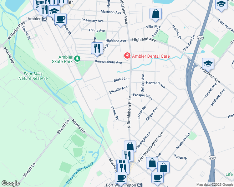 map of restaurants, bars, coffee shops, grocery stores, and more near 413 Ellerslie Avenue in Ambler