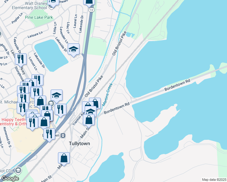 map of restaurants, bars, coffee shops, grocery stores, and more near 665 Main Street in Tullytown