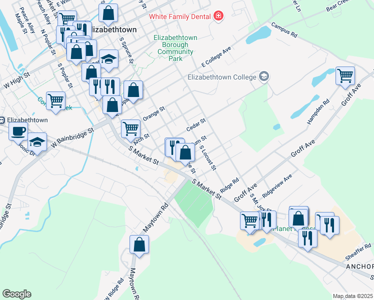 map of restaurants, bars, coffee shops, grocery stores, and more near 230 Plum Street in Elizabethtown