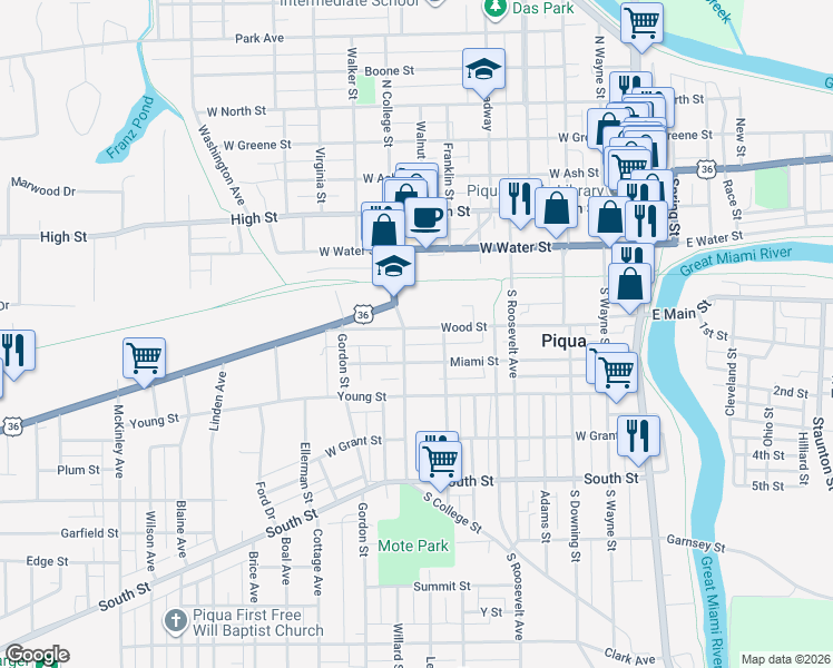 map of restaurants, bars, coffee shops, grocery stores, and more near 508 Miami Street in Piqua