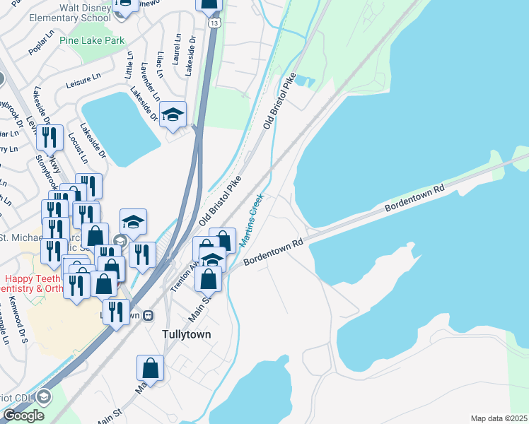 map of restaurants, bars, coffee shops, grocery stores, and more near 665 Main Street in Tullytown