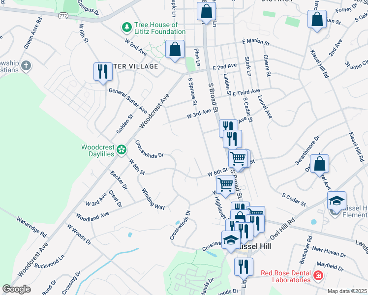 map of restaurants, bars, coffee shops, grocery stores, and more near 3 Irish Place in Lititz