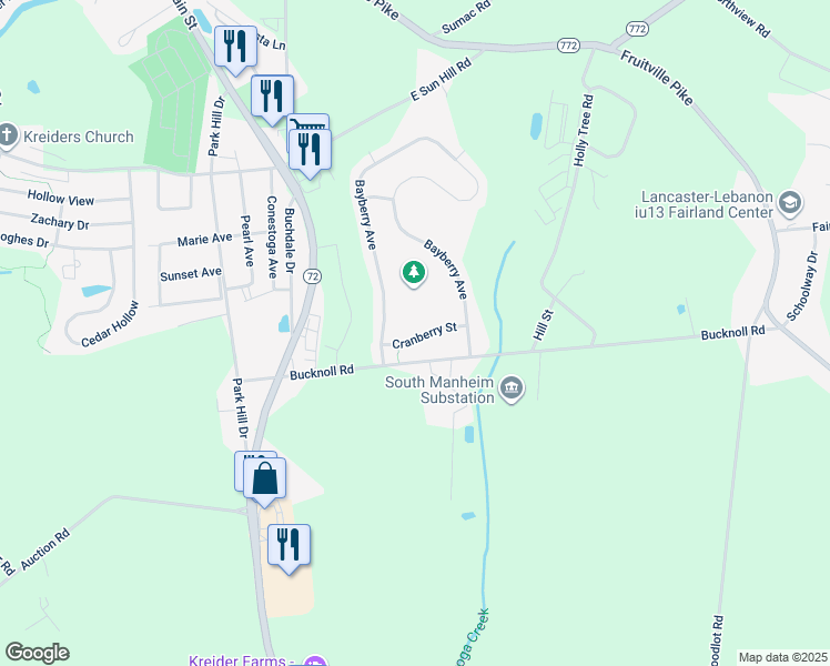 map of restaurants, bars, coffee shops, grocery stores, and more near 4011 Cranberry Street in Manheim