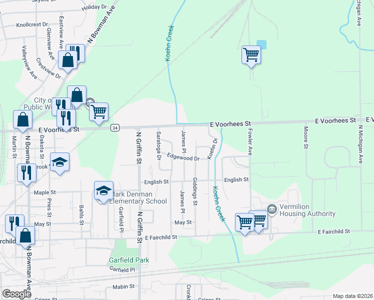 map of restaurants, bars, coffee shops, grocery stores, and more near 1200-1298 James Place in Danville