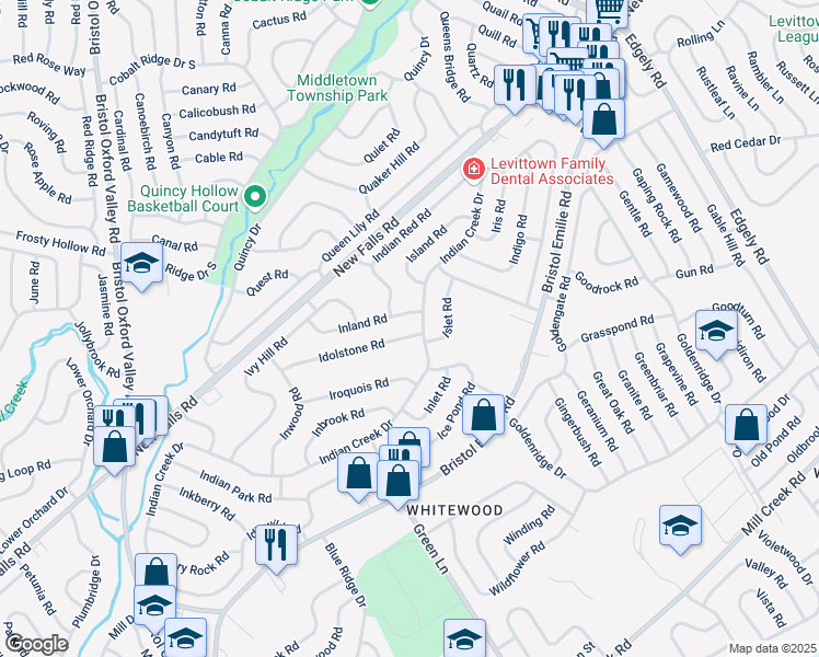 map of restaurants, bars, coffee shops, grocery stores, and more near 70 Idolstone Road in Levittown