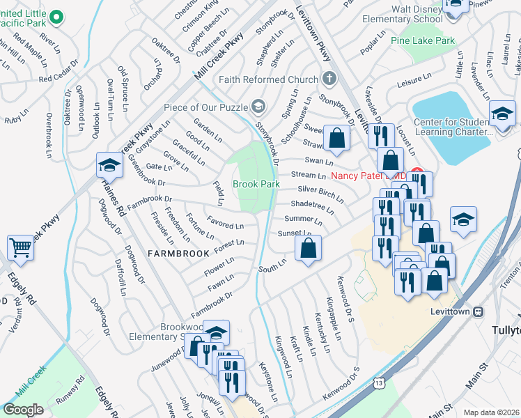 map of restaurants, bars, coffee shops, grocery stores, and more near 2 Favored Lane in Levittown