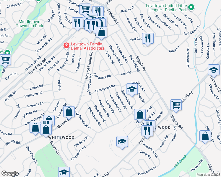 map of restaurants, bars, coffee shops, grocery stores, and more near 42 Grasspond Road in Levittown
