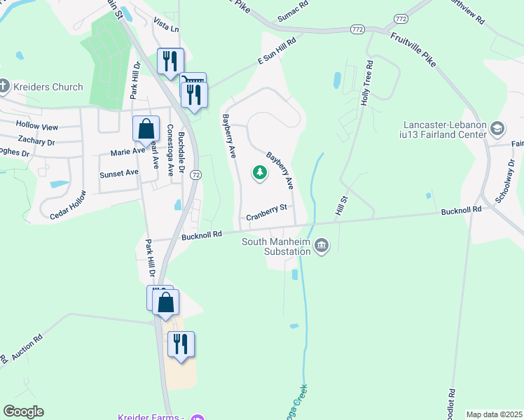 map of restaurants, bars, coffee shops, grocery stores, and more near 4011 Cranberry Street in Manheim