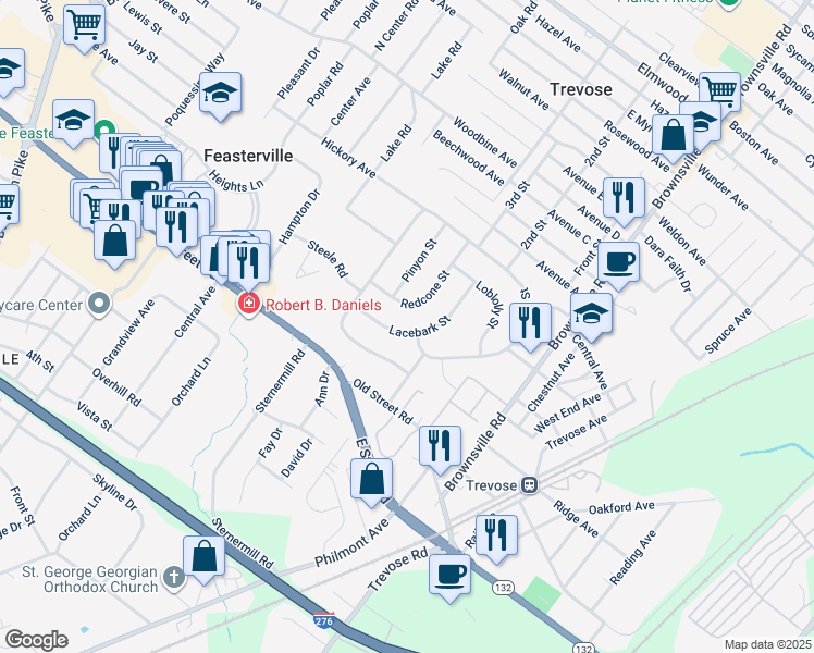 map of restaurants, bars, coffee shops, grocery stores, and more near 532 Lacebark Street in Trevose