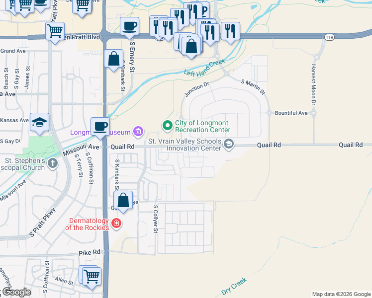 map of restaurants, bars, coffee shops, grocery stores, and more near 1257 Hummingbird Circle in Longmont
