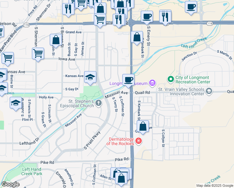 map of restaurants, bars, coffee shops, grocery stores, and more near 1209 South Terry Street in Longmont