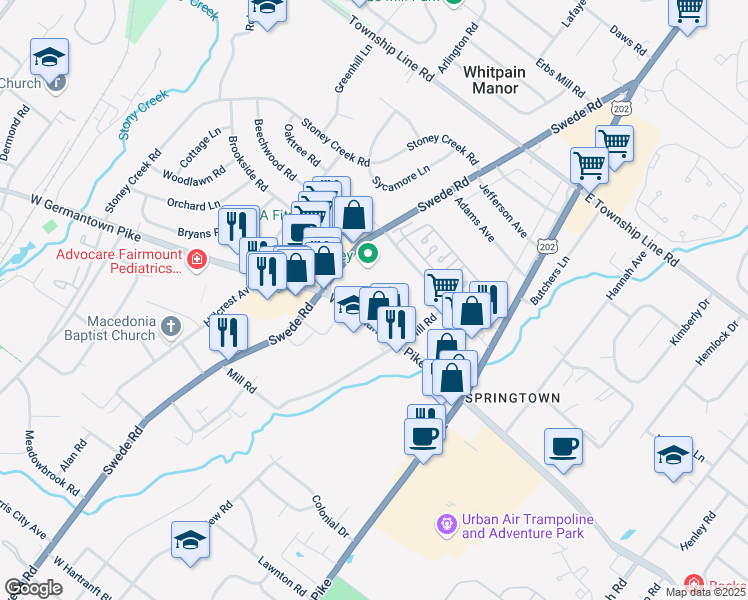 map of restaurants, bars, coffee shops, grocery stores, and more near 55 W Germantown Pike in Norristown