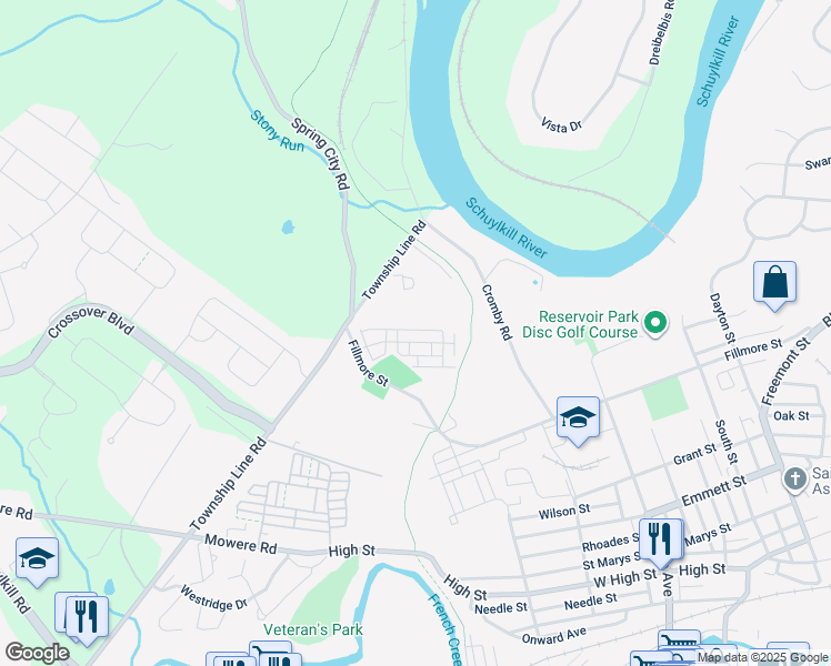 map of restaurants, bars, coffee shops, grocery stores, and more near 824 Graphite Drive in Phoenixville