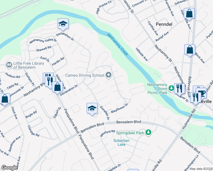map of restaurants, bars, coffee shops, grocery stores, and more near 6432 Thomas Paine Court in Bensalem