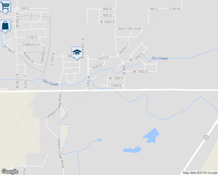 map of restaurants, bars, coffee shops, grocery stores, and more near 1069 1550 South in Springville