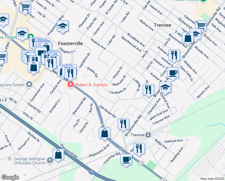 map of restaurants, bars, coffee shops, grocery stores, and more near 528 Lacebark Street in Trevose