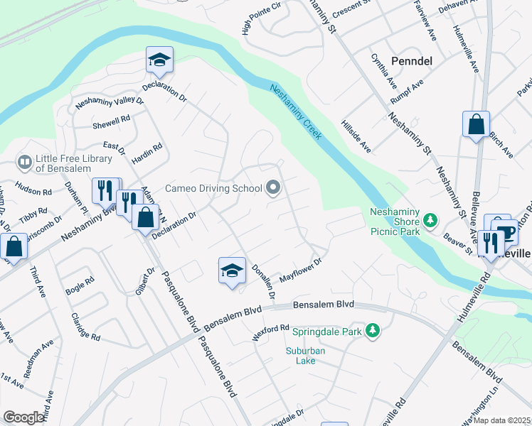 map of restaurants, bars, coffee shops, grocery stores, and more near 6436 Thomas Paine Court in Bucks County