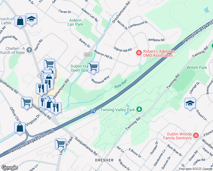 map of restaurants, bars, coffee shops, grocery stores, and more near 1716 Limekiln Pike in Montgomery County