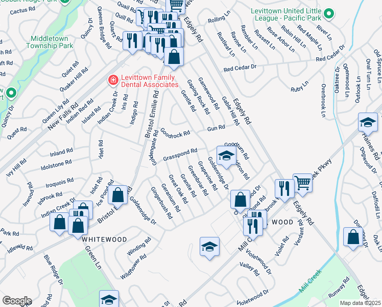 map of restaurants, bars, coffee shops, grocery stores, and more near 42 Grasspond Road in Levittown