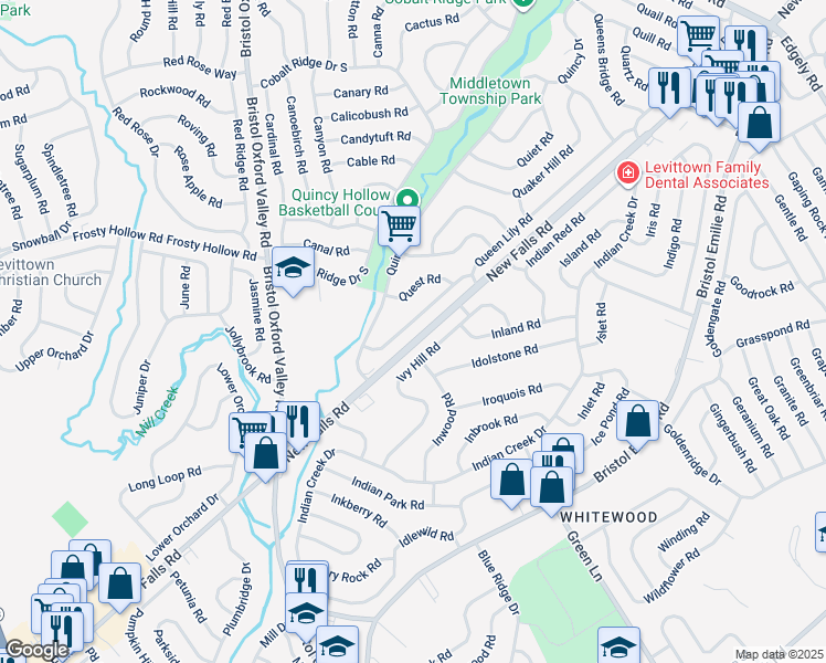 map of restaurants, bars, coffee shops, grocery stores, and more near 30 Queen Anne Road in Levittown