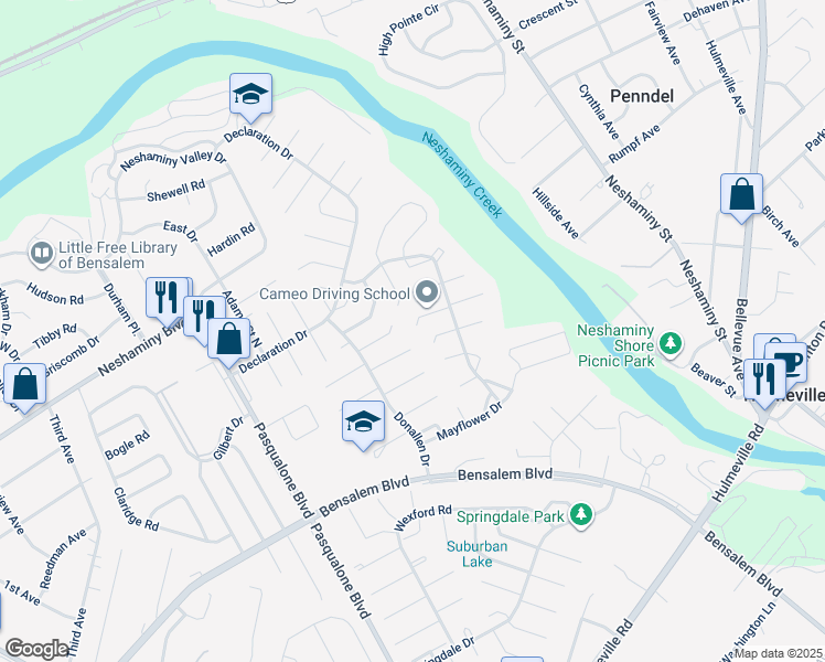 map of restaurants, bars, coffee shops, grocery stores, and more near 6440 Thomas Paine Court in Bensalem