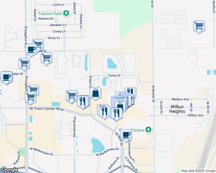 map of restaurants, bars, coffee shops, grocery stores, and more near 2401 Carisbrooke Drive in Champaign